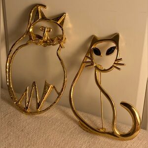 2 vintage cat gold brooch LOT Siamese silhouette wearable art pin ultra craft